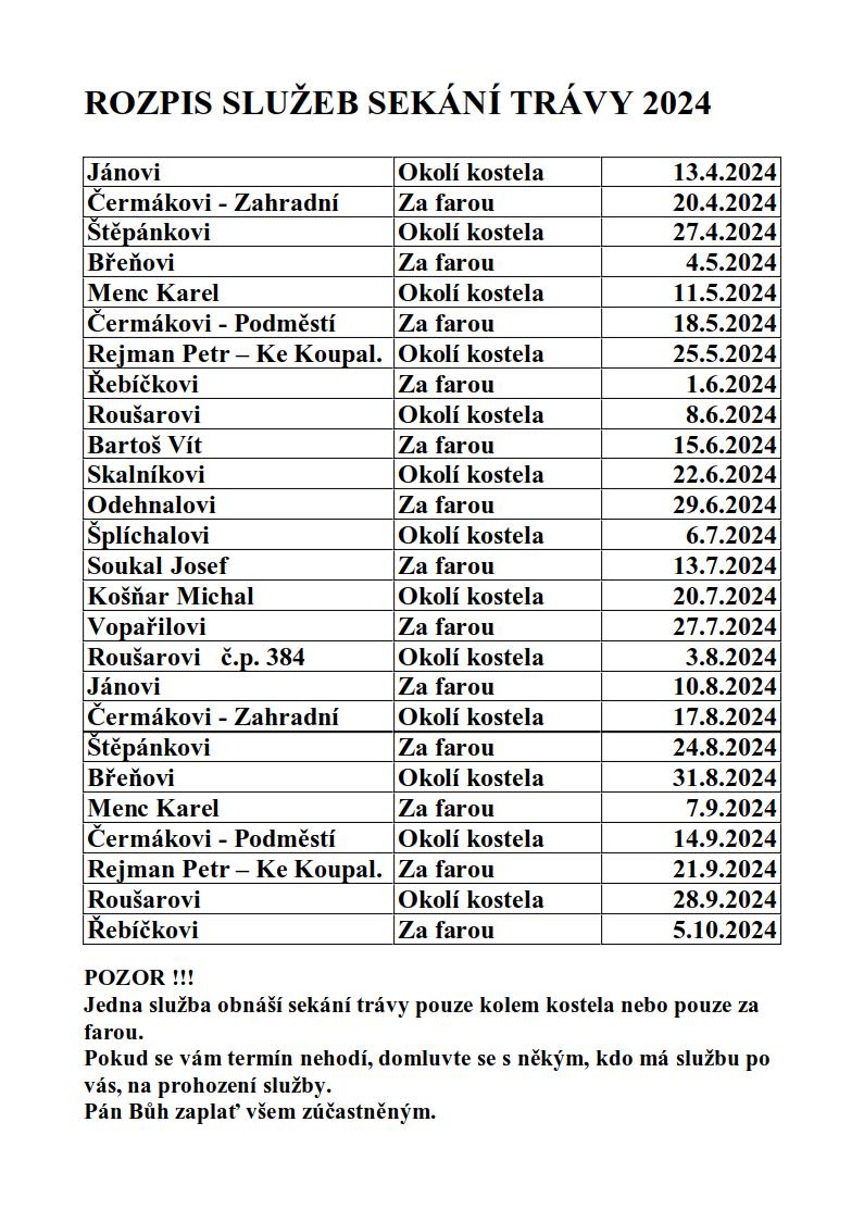 ROZPIS SLUZEB SEKANI TRAVY 2024